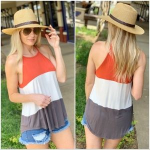 Infinity Raine Tops - Color Block Halter Knit Tank-Coral, white, gray Infinity Raine Tops - Color Block Halter Knit Tank-Coral, white, gray
